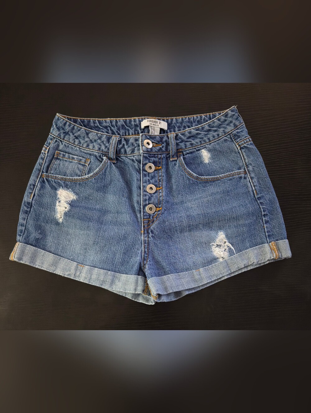 Forever 21 Blue Distressed Button-Fly Jean Shorts